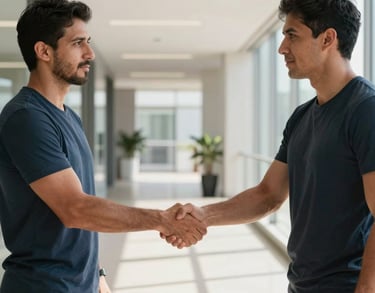 Two professionals, Latin American, shaking hands firmly in a modern sunlit hallway after a successful training session.