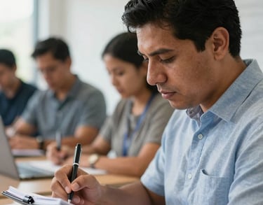 A close-up of a Latin American professional taking notes during a training workshop, focused expression, shallow depth of field, natural office lighting.