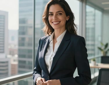 A portrait of a professional woman in a business suit, smiling confidently in a modern glass-walled office in a Latin American city, bright morning light.