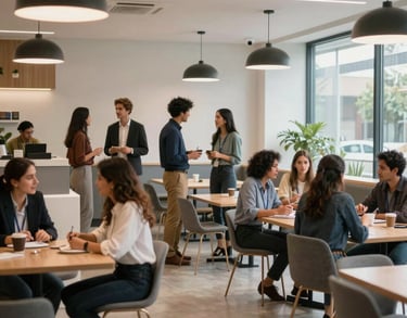 A bright cafeteria or networking area in a coworking space, people interacting professionally, modern architecture, Latin American setting.