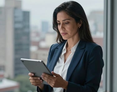 A focused Latin American woman leader standing in front of a window overlooking a cityscape, holding a tablet, soft blue and gray color palette.