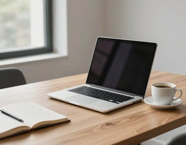 A clean, minimalist workspace with a laptop, coffee cup, and a notebook on a light wood desk, soft light coming from a window in a Latin American office.