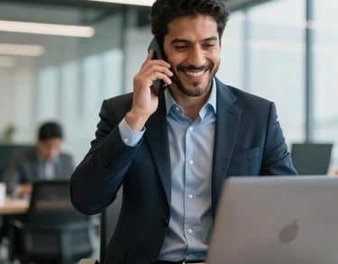 A professional consultant in a modern Latin American office environment, talking cheerfully on the phone while looking at a laptop, professional setting.