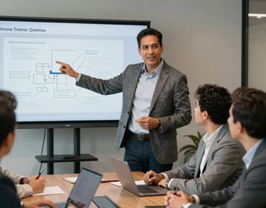 A professional mentor, a Latin American man in a stylish blazer, presenting a concept on a digital screen to a small group in a contemporary boardroom.