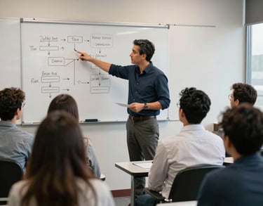 A small group session where a mentor is pointing at a whiteboard with diagrams, entrepreneurs listening attentively in a modern Latin American classroom.