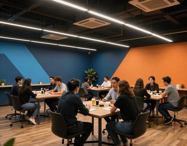 An wide shot of a modern training hall with entrepreneurs seated at collaborative tables, warm lighting, blue and orange brand colors visible in the decor.