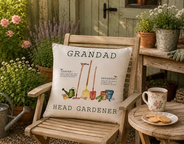 Personalised Head Gardener cushion in an English country garden. Personalised gardening gift