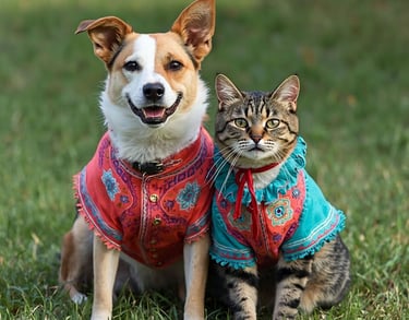 Perro y gatos con ropa colorida
