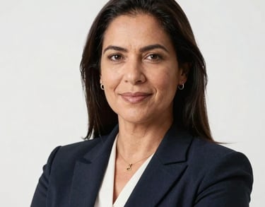 Professional headshot of a South American / Brazilian female lawyer in professional attire, Soft White studio background, modern legal style.