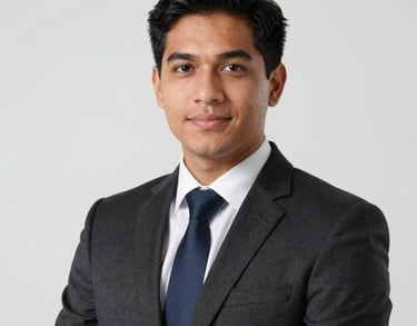 Professional headshot of a young South American / Brazilian lawyer, professional business attire, clean Soft White background.