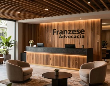 Wide shot of the professional reception area at Franzese Advocacia, modern furniture, South American / Brazilian architectural style.