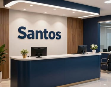 Elegant reception area of a law firm in Santos, Brazil, featuring professional decor and Deep Navy branding elements.