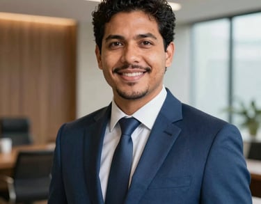 Professional headshot of a South American / Brazilian male lawyer in a Steel Blue suit, modern law office interior background.