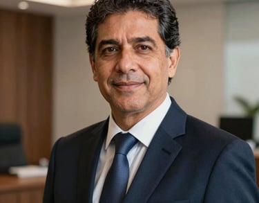 Professional headshot of a senior South American / Brazilian male lawyer in a Deep Navy suit, confident expression, South American / Brazilian corporate setting.