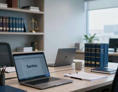 A modern law office workspace in Santos, featuring tidy desks, laptops, and professional legal books, Steel Blue color palette.
