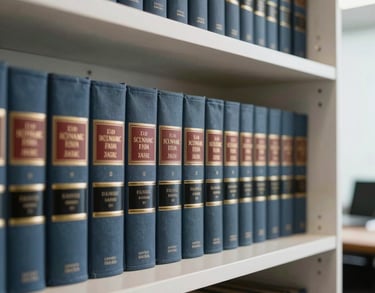 A bookshelf filled with classic legal volumes in a modern office in Santos, Brazil, Steel Blue and Soft White tones, professional photography.
