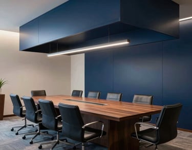 Interior of a modern conference room in a law firm in Vila Nova, Santos, view of architectural details, Steel Blue and Deep Navy palette.