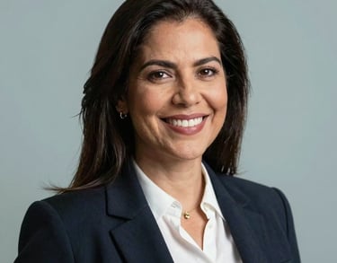 Professional headshot of a South American / Brazilian female lawyer, smiling confidently, soft Pale Azure lighting.