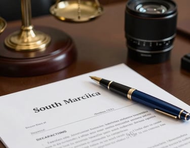 Close-up of a legal document and a high-end pen on a desk in a South American / Brazilian law office, professional Soft White and Deep Navy lighting.