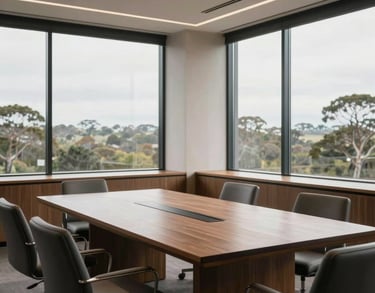 An interior shot of an elegant, minimalist law office boardroom in Oceania / Australian style, with large windows and comfortable seating for private consultations.