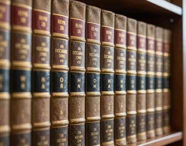 A shelf of classic legal law books with gold lettering in a contemporary Oceania / Australian law library, symbolizing authority and knowledge.