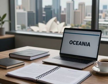 An attorney's desk with a laptop, legal pads, and a cup of coffee, looking out over an Oceania / Australian urban landscape, symbolizing a dedicated work ethic.