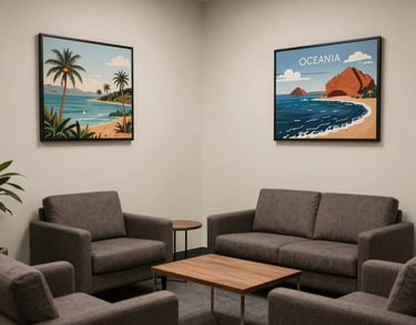 A quiet, professional waiting area in a law firm with comfortable seating and Oceania / Australian art on the walls, designed for client comfort and privacy.