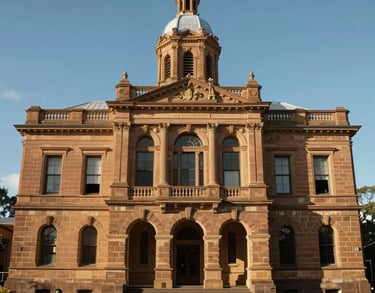 A wide-angle shot of a historic sandstone courthouse facade in Oceania / Australian architectural style, representational of the justice system and stability.