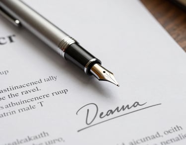 Detailed shot of a silver fountain pen resting on a signed legal contract, soft lighting, professional and prestigious mood in an Oceania / Australian law firm.