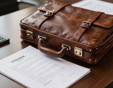 A close-up of a high-quality leather briefcase and professional legal documents on a dark wood desk in an Oceania / Australian law office, soft morning light, professional and organized atmosphere.