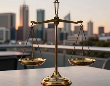 A close-up of a brass scale of justice on a polished desk, set against the backdrop of an Oceania / Australian city skyline at sunset.