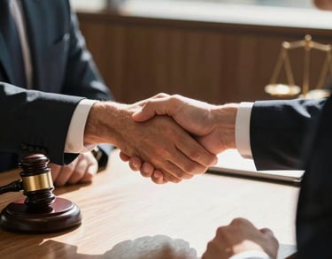 Hands of a lawyer and a client shaking across a desk in a warm, sunlit Oceania / Australian office, conveying trust and mutual agreement.
