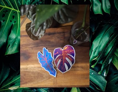 colorful vaporwave monstera and alocasia leaf houseplant stickers displayed together