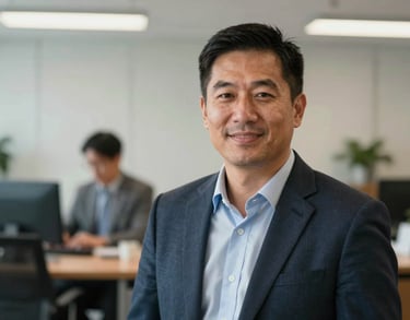 A professional portrait of an agricultural development lead in a crisp, business-casual style, North American / US office.