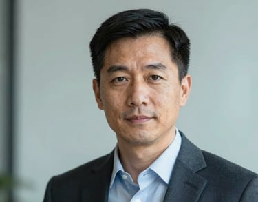 A headshot of a professional executive in business attire against a soft-focus muted light blue background, North American / US corporate style.
