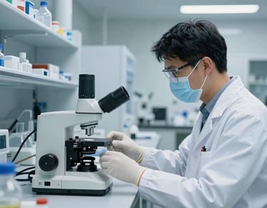 A bright, professional laboratory setting in North America / US where scientists work with modern equipment, accented with professional dark blue tones.