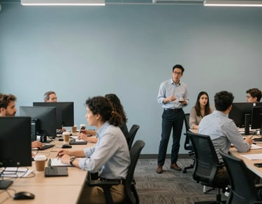 A wide shot of a collaborative workspace in a North American / US office, showing professionals in discussion against a muted light blue wall.