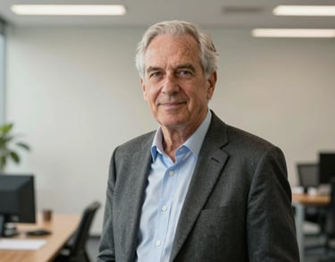 A professional portrait of a senior leadership member in an off-white modern office setting, North American / US professional style.
