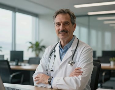 A professional portrait of a global health expert in a modern office with natural lighting, North American / US context.