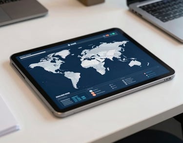 A close-up photograph of a professional office desk in a North American / US office, featuring a tablet displaying global data maps, with a professional dark blue and off-white color palette.