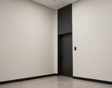 A low-angle shot of a minimalist North American / US office lobby with off-white walls and sleek charcoal black accents.