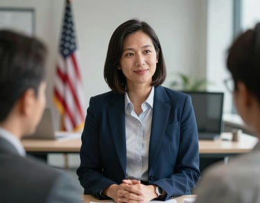 A medium shot of a policy expert in a collaborative North American / US workplace, wearing a professional dark blue blazer.