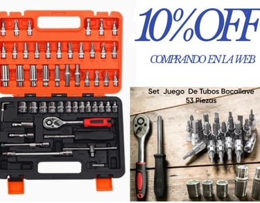 Set de herramientas de 53 piezas con juego de tubos bocallave y trinquete en maletín naranja.