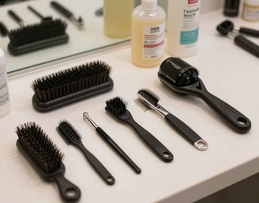 A photography shot of high-quality grooming tools including brushes and safe shampoos arranged on a clean, off-white surface in a professional US pet salon.