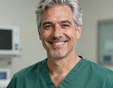 A professional headshot of an experienced veterinarian with grey hair, wearing a forest green scrub top, smiling in a clinical setting in the United States.