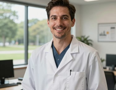 A professional headshot of a male pet nutritionist standing in a bright, modern office with a window overlooking a North American park.