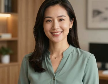 A professional headshot of a female pet behaviorist in a warm, inviting office with wood accents in the US, wearing a professional sage green blouse.