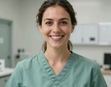 A professional headshot of a female veterinary technician smiling warmly, wearing a sage green uniform in a modern pet clinic in the United States.
