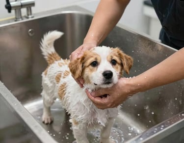 An action shot of a professional groomer gently washing a small puppy in a modern, clean stainless steel tub in a North American pet spa.