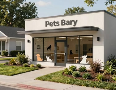 A photography shot of the exterior of a stylish, modern pet care facility in a US suburban neighborhood, featuring clean lines and inviting green landscaping.